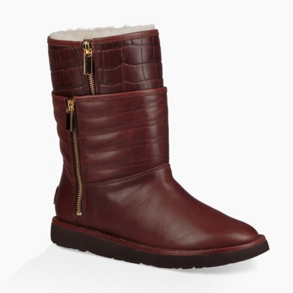 Rare UGG Shearling  Aviva Stout Quilted Leather Side Zipper Mid-Calf Boots
